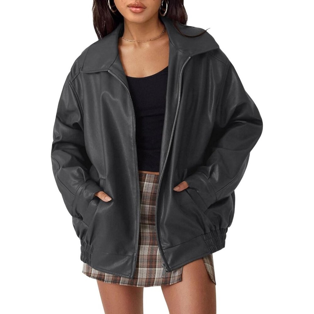 Women's Green Faux Leather Fall Motorcycle Coat with Zipper Oversized Jacket